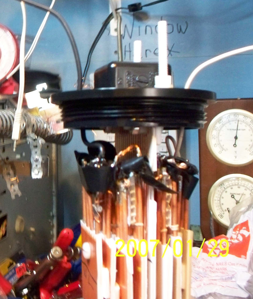3/8 inch brazing rod electrolyzer soldered together in two separate elements with corrugated plastic using nylons bolts between the + and -.